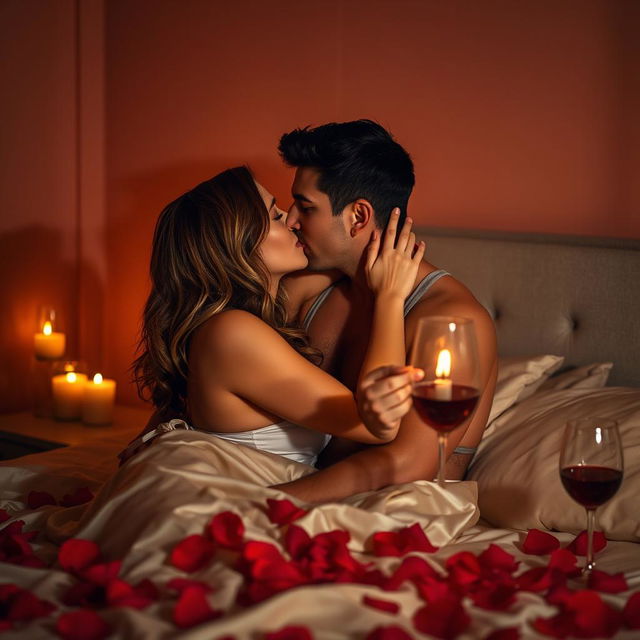 A romantic and intimate scene between two adults in a softly lit bedroom, featuring a couple sharing a passionate kiss while surrounded by rose petals