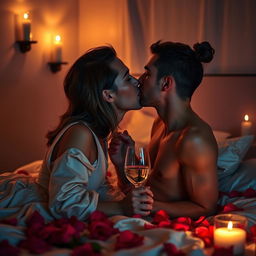 A romantic and intimate scene between two adults in a softly lit bedroom, featuring a couple sharing a passionate kiss while surrounded by rose petals