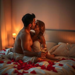 A romantic and intimate scene between two adults in a softly lit bedroom, featuring a couple sharing a passionate kiss while surrounded by rose petals