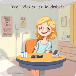 Une illustration d'une fille souriante, âgée de 7 ans, avec des cheveux blonds, assise dans une chambre d'hôpital lumineuse et accueillante
