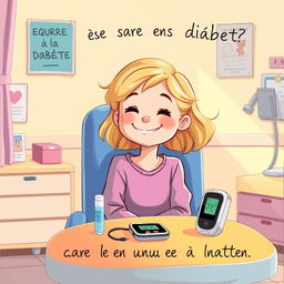 Une illustration d'une fille souriante, âgée de 7 ans, avec des cheveux blonds, assise dans une chambre d'hôpital lumineuse et accueillante