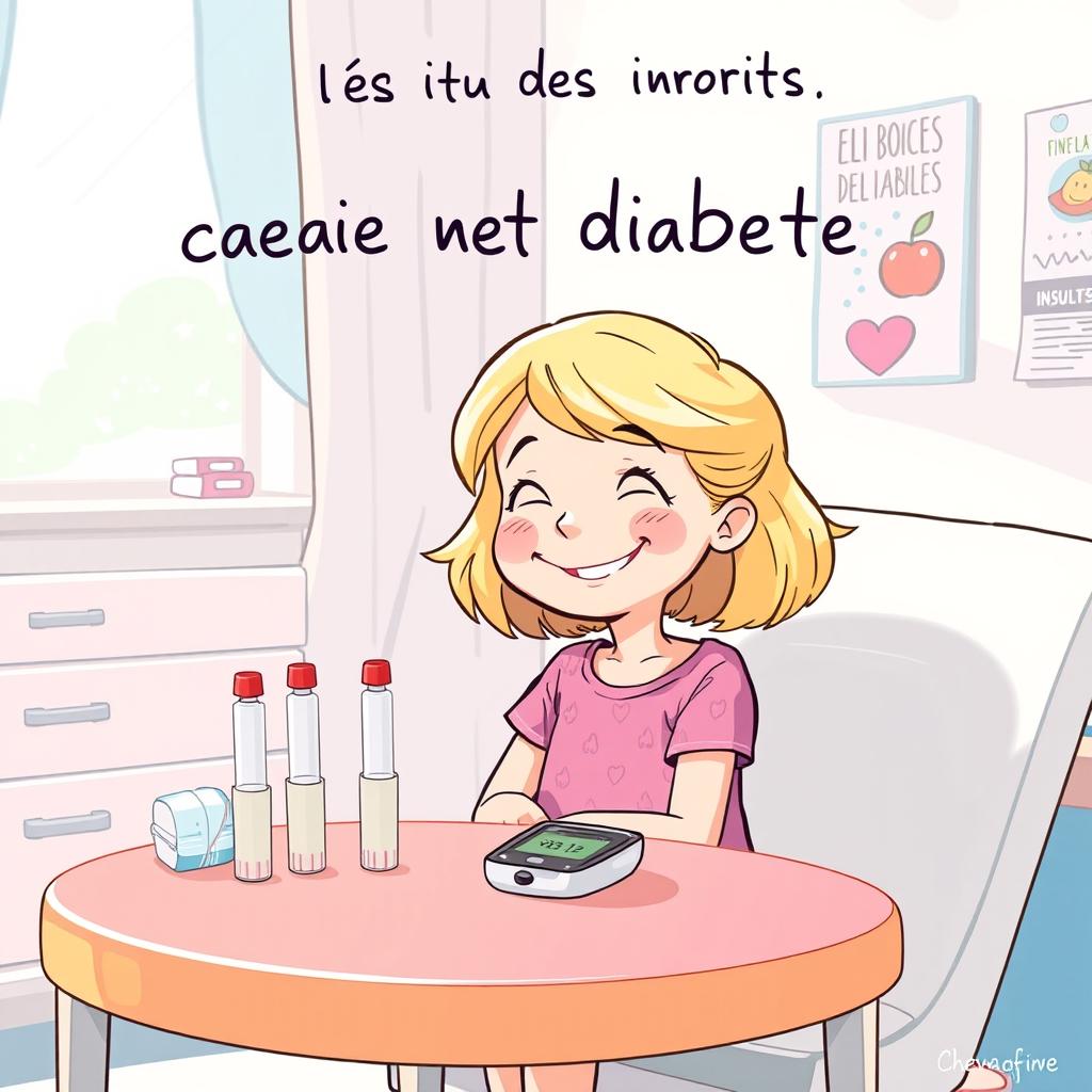 Une illustration d'une fille souriante, âgée de 7 ans, avec des cheveux blonds, assise dans une chambre d'hôpital lumineuse et accueillante