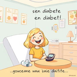 Une illustration d'une fille souriante, âgée de 7 ans, avec des cheveux blonds, assise dans une chambre d'hôpital lumineuse et accueillante