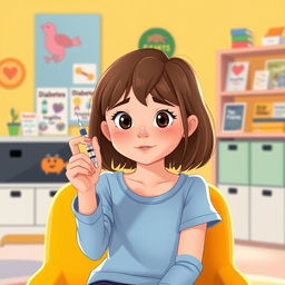 An illustration of a 7-year-old girl with a focused yet brave expression as she is preparing to give herself an insulin injection