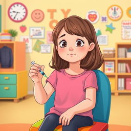 An illustration of a 7-year-old girl with a focused yet brave expression as she is preparing to give herself an insulin injection
