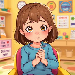 An illustration of a 7-year-old girl with a focused yet brave expression as she is preparing to give herself an insulin injection