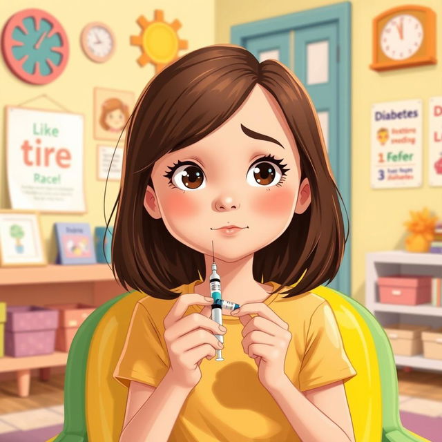 An illustration of a 7-year-old girl with a focused yet brave expression as she is preparing to give herself an insulin injection