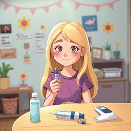 Une illustration d'une fille blonde âgée de 7 ans, assise avec un air concentré et déterminé, préparant à s'injecter de l'insuline