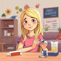 Une illustration d'une fille blonde âgée de 7 ans, assise avec un air concentré et déterminé, préparant à s'injecter de l'insuline