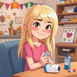 Une illustration d'une fille blonde âgée de 7 ans, assise avec un air concentré et déterminé, préparant à s'injecter de l'insuline