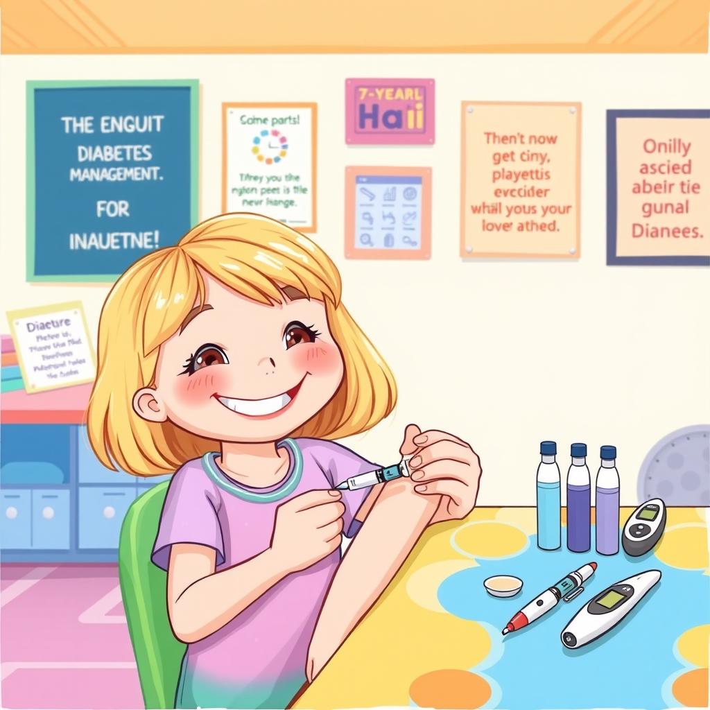 An illustration of a 7-year-old girl with blonde hair, confidently administering an insulin injection to herself