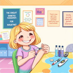 An illustration of a 7-year-old girl with blonde hair, confidently administering an insulin injection to herself