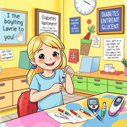 An illustration of a 7-year-old girl with blonde hair, confidently administering an insulin injection to herself
