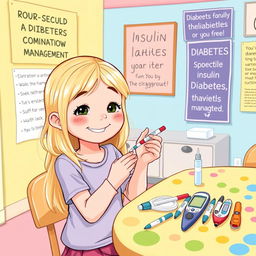 An illustration of a 7-year-old girl with blonde hair, confidently administering an insulin injection to herself