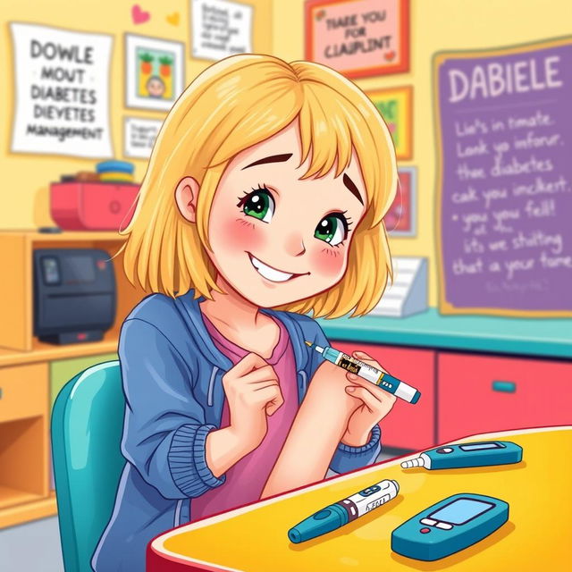 An illustration of a 7-year-old girl with blonde hair, confidently administering an insulin injection to herself