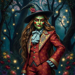 A tall, enchanting witch with an elaborate Mask of Comedy, adorned in a flamboyant, detailed suit reminiscent of a bard's costume