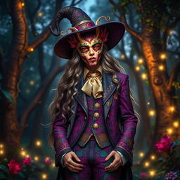 A tall, enchanting witch with an elaborate Mask of Comedy, adorned in a flamboyant, detailed suit reminiscent of a bard's costume