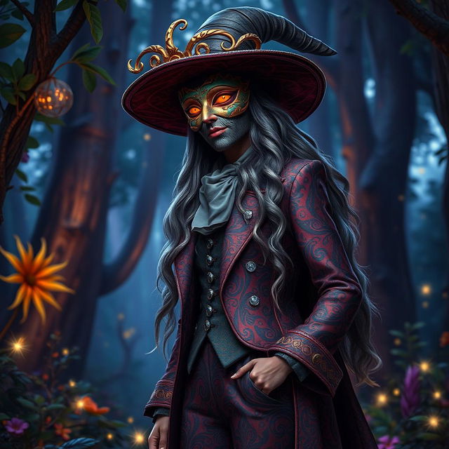 A tall, enchanting witch with an elaborate Mask of Comedy, adorned in a flamboyant, detailed suit reminiscent of a bard's costume