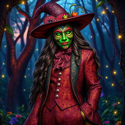 A tall, enchanting witch with an elaborate Mask of Comedy, adorned in a flamboyant, detailed suit reminiscent of a bard's costume