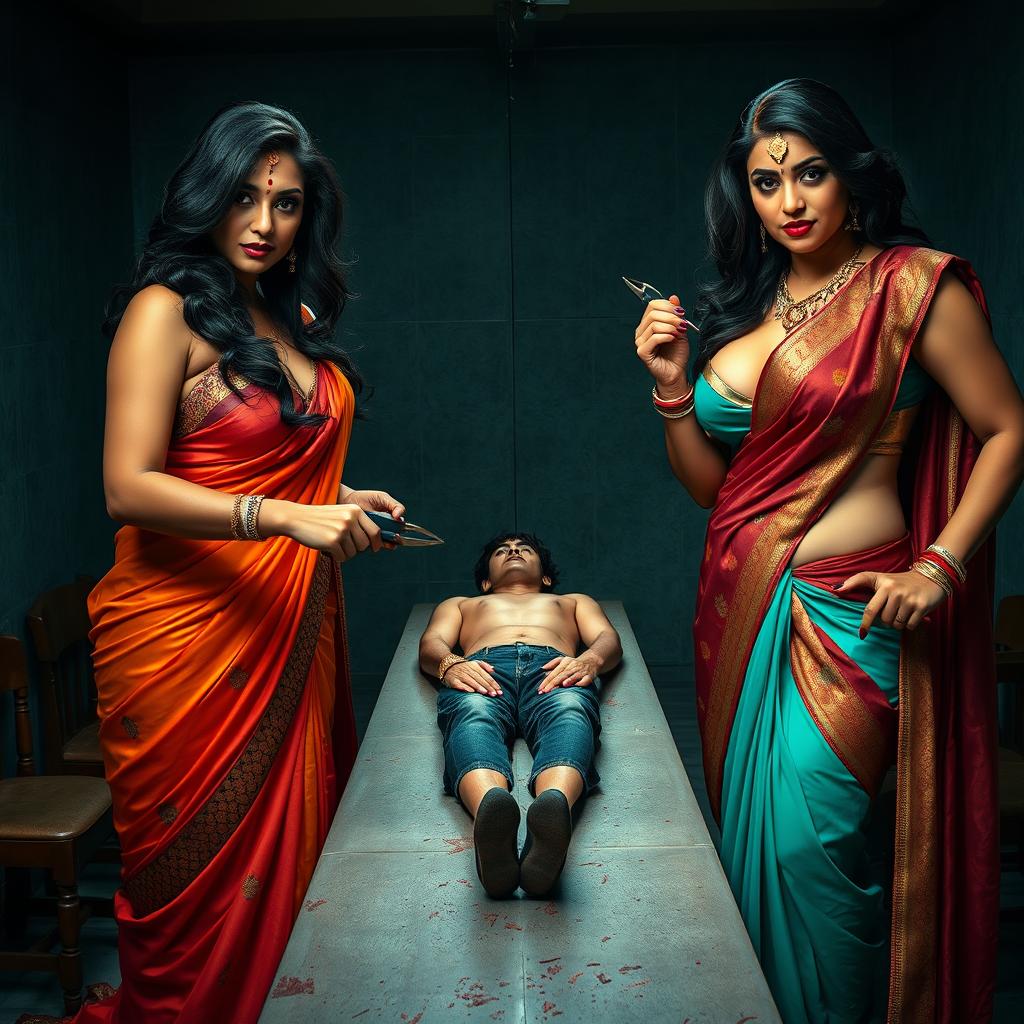 An intense interrogation torture room, featuring two elegant desi mistresses dressed in colorful sarees, showcasing their cleavage and curvy, hourglass figures