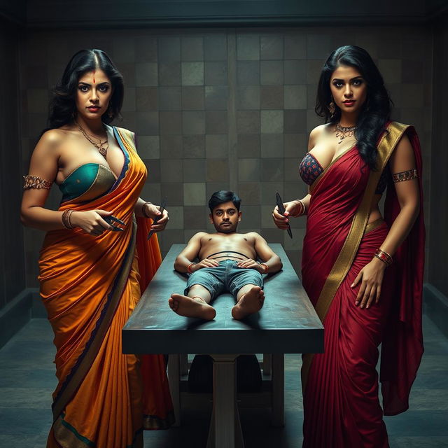 An intense interrogation torture room, featuring two elegant desi mistresses dressed in colorful sarees, showcasing their cleavage and curvy, hourglass figures