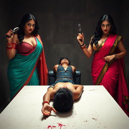 An intense interrogation torture room, featuring two elegant desi mistresses dressed in colorful sarees, showcasing their cleavage and curvy, hourglass figures