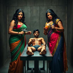 An intense interrogation torture room, featuring two elegant desi mistresses dressed in colorful sarees, showcasing their cleavage and curvy, hourglass figures