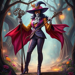 A tall, fantastic-looking witch dressed in a vibrant, stylish suit, wearing a Mask of Comedy that adds a unique flair to her character