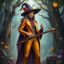A tall, fantastic-looking witch dressed in a vibrant, stylish suit, wearing a Mask of Comedy that adds a unique flair to her character