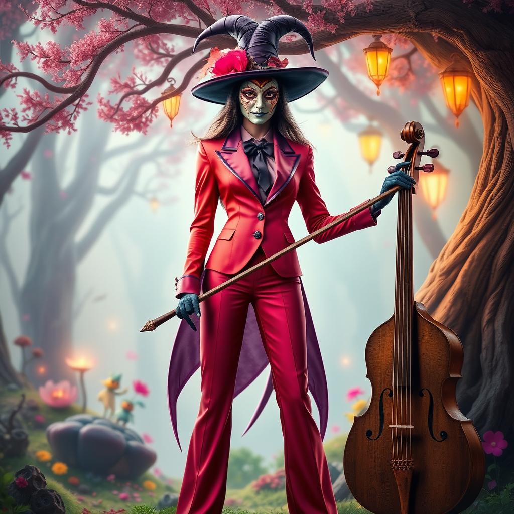 A tall, fantastic-looking witch dressed in a vibrant, stylish suit, wearing a Mask of Comedy that adds a unique flair to her character