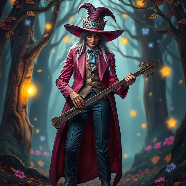 A tall, fantastic-looking witch dressed in a vibrant, stylish suit, wearing a Mask of Comedy that adds a unique flair to her character