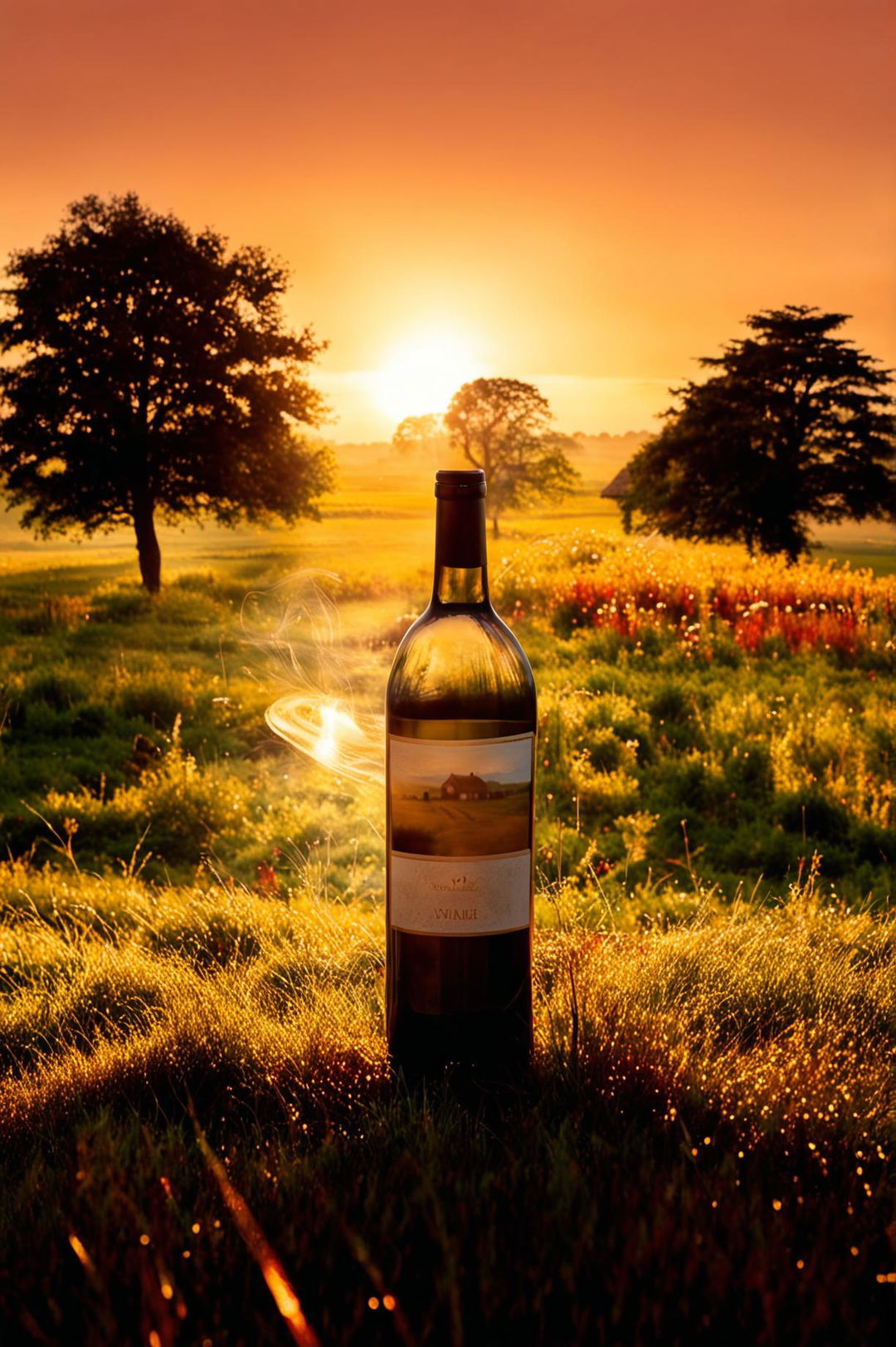 A high-quality digital image showcasing a wine bottle in the foreground of a serene countryside scene during golden hour