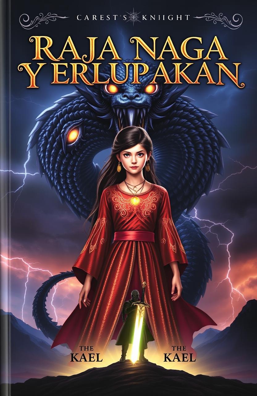 A fantasy book cover titled 'Raja Naga yang Terlupakan' features Alana, a girl with a strong aura, wearing an ancient shimmering gown with a glowing dragon pendant around her neck