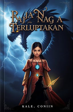 A fantasy book cover titled 'Raja Naga yang Terlupakan' features Alana, a girl with a strong aura, wearing an ancient shimmering gown with a glowing dragon pendant around her neck