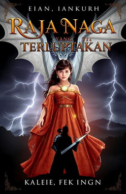 A fantasy book cover titled 'Raja Naga yang Terlupakan' features Alana, a girl with a strong aura, wearing an ancient shimmering gown with a glowing dragon pendant around her neck