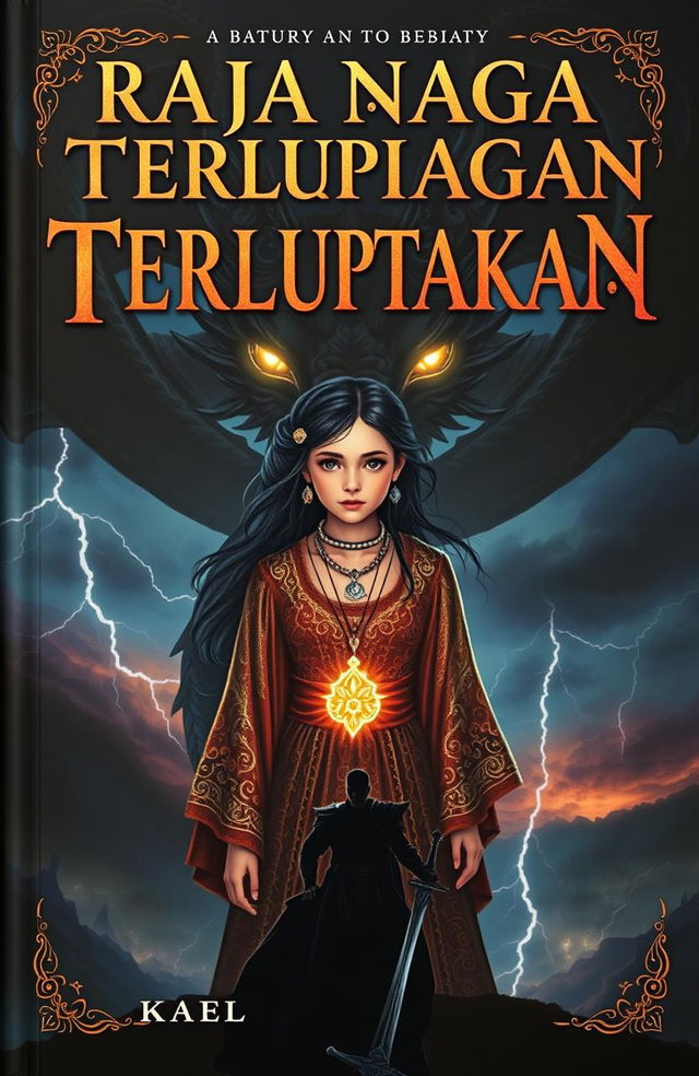 A fantasy book cover titled 'Raja Naga yang Terlupakan' features Alana, a girl with a strong aura, wearing an ancient shimmering gown with a glowing dragon pendant around her neck