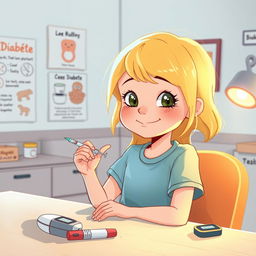 Une illustration d'une fillette de 7 ans aux cheveux blonds, s'administrant avec assurance une injection d'insuline