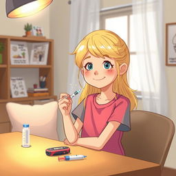 Une illustration d'une fillette de 7 ans aux cheveux blonds, s'administrant avec assurance une injection d'insuline