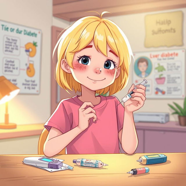 Une illustration d'une fillette de 7 ans aux cheveux blonds, s'administrant avec assurance une injection d'insuline