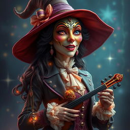 A tall woman who embodies a fantastic witch character, wearing a comical mask of comedy