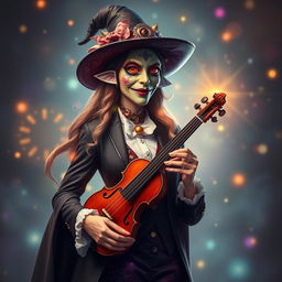 A tall woman who embodies a fantastic witch character, wearing a comical mask of comedy