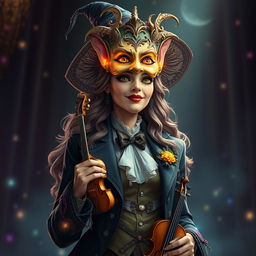 A tall woman who embodies a fantastic witch character, wearing a comical mask of comedy