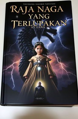 A captivating book cover for 'Raja Naga yang Terlupakan' featuring Alana, a young girl with a powerful aura, dressed in a shimmering ancient gown adorned with a glowing dragon pendant around her neck