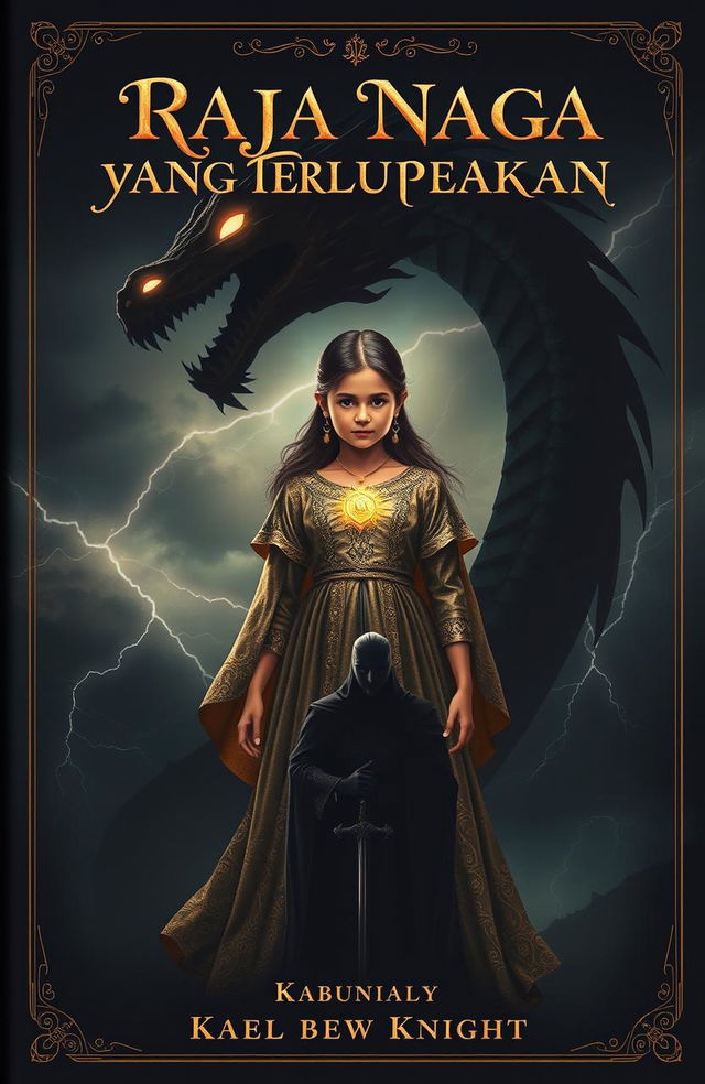 A captivating book cover for 'Raja Naga yang Terlupakan' featuring Alana, a young girl with a powerful aura, dressed in a shimmering ancient gown adorned with a glowing dragon pendant around her neck