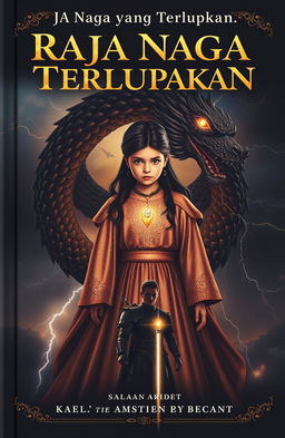 A captivating book cover for 'Raja Naga yang Terlupakan' featuring Alana, a young girl with a powerful aura, dressed in a shimmering ancient gown adorned with a glowing dragon pendant around her neck