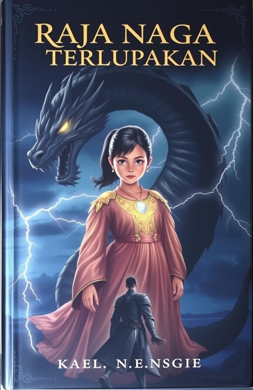 A captivating book cover for 'Raja Naga yang Terlupakan' featuring Alana, a young girl with a powerful aura, dressed in a shimmering ancient gown adorned with a glowing dragon pendant around her neck