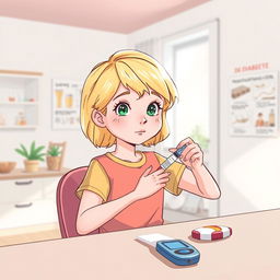 Une illustration d'une fillette de 7 ans aux cheveux blonds, s'administrant avec assurance une injection d'insuline