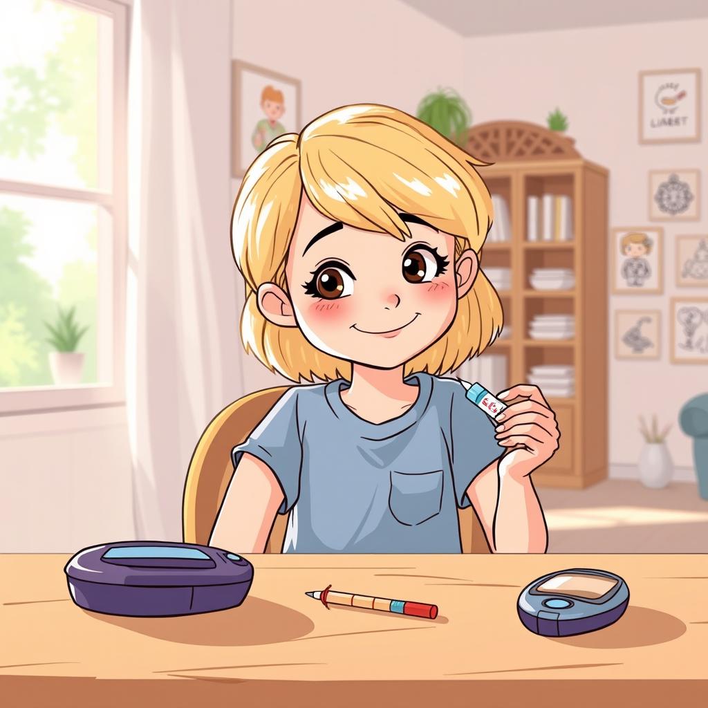 Une illustration d'une fillette de 7 ans aux cheveux blonds, s'administrant avec assurance une injection d'insuline