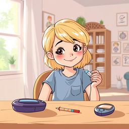 Une illustration d'une fillette de 7 ans aux cheveux blonds, s'administrant avec assurance une injection d'insuline