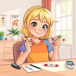 Une illustration d'une fillette de 7 ans aux cheveux blonds, s'administrant avec assurance une injection d'insuline